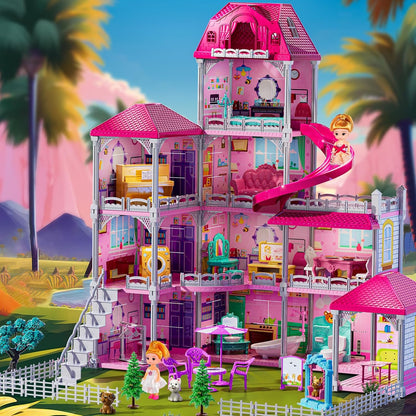 JUKUDAHU Juego de villa para niñas de 3 a 7 años, casa de 4 pisos c...