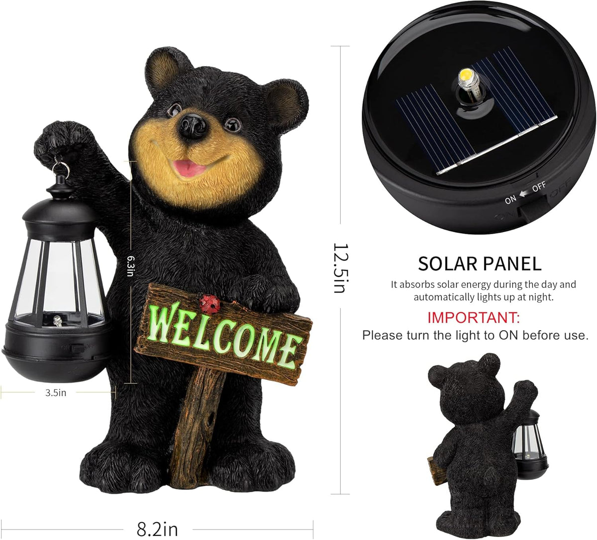 Estatua de oso de jardín Juegoal con farol LED solar, letrero de bi...