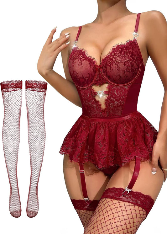 Lilosy Conjunto de lencería sexy de 3 piezas para mujer con corsé y...