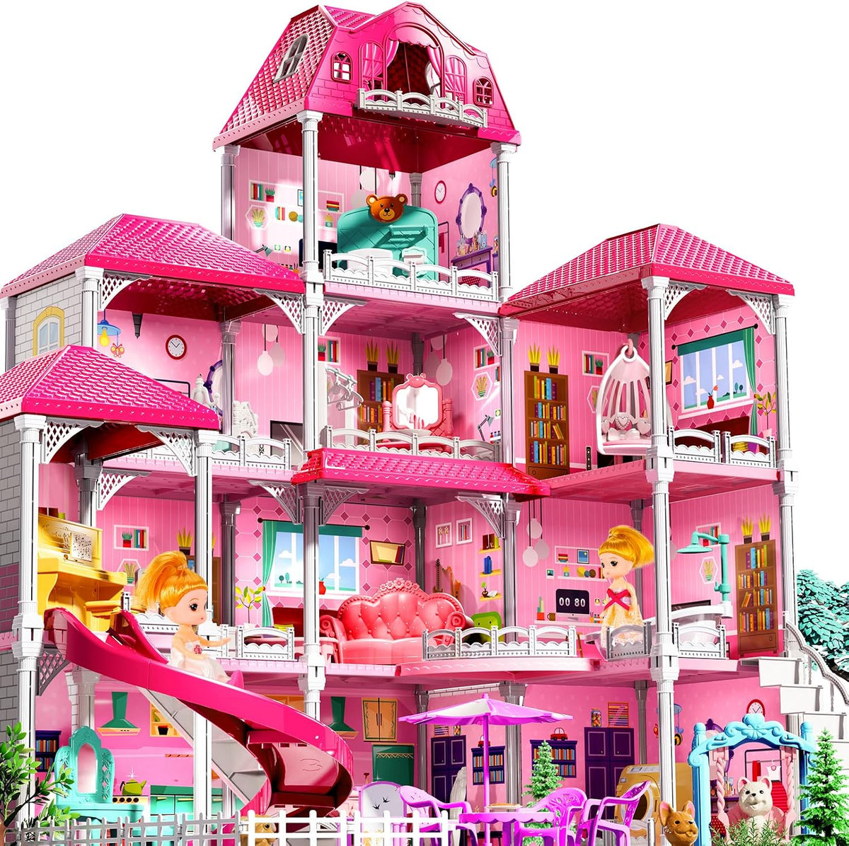 Casa de 4 pisos para niñas de 3 a 7 años, juego de villa con 2 muñe...