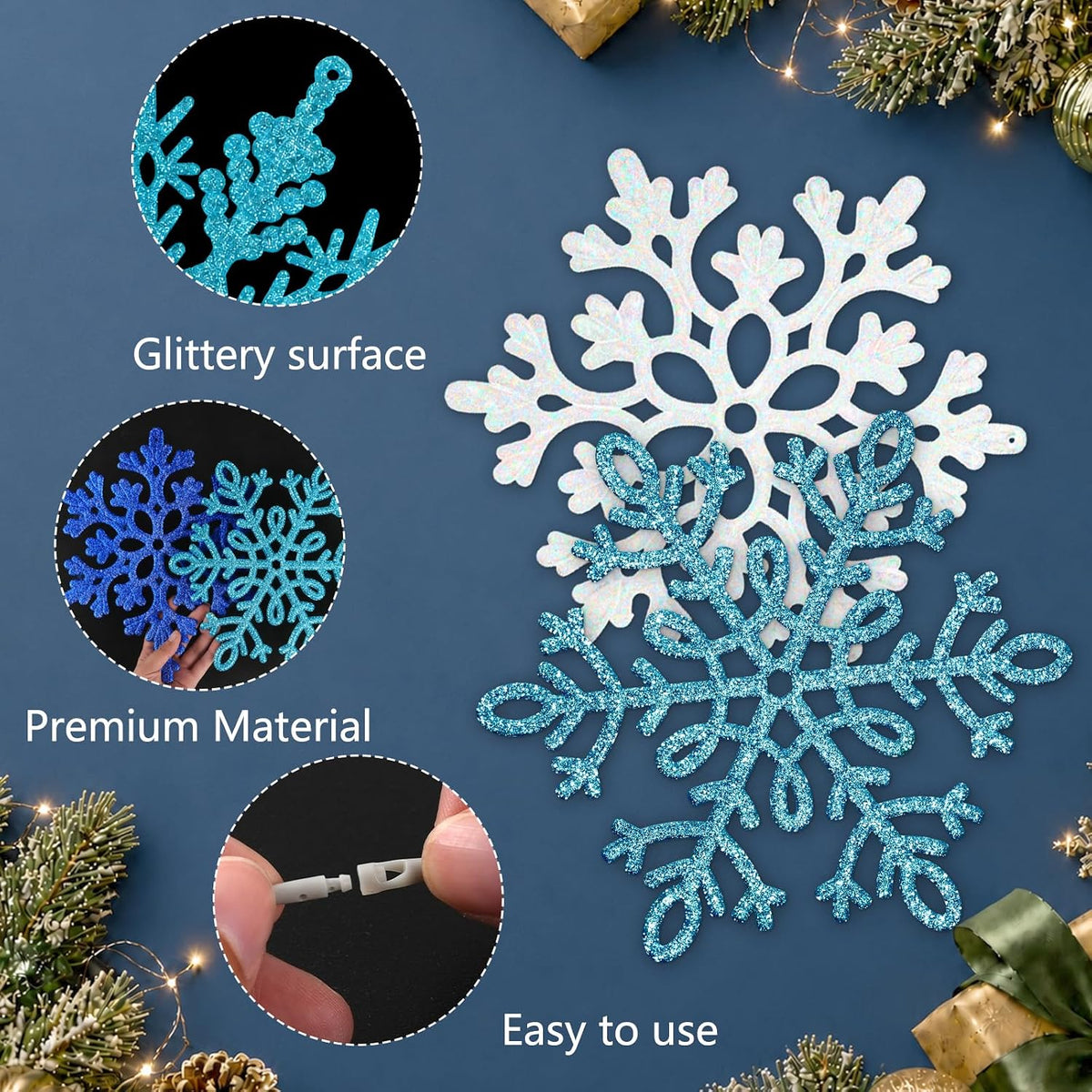 12 adornos de Navidad de copos de nieve azules, copos de nieve colg...