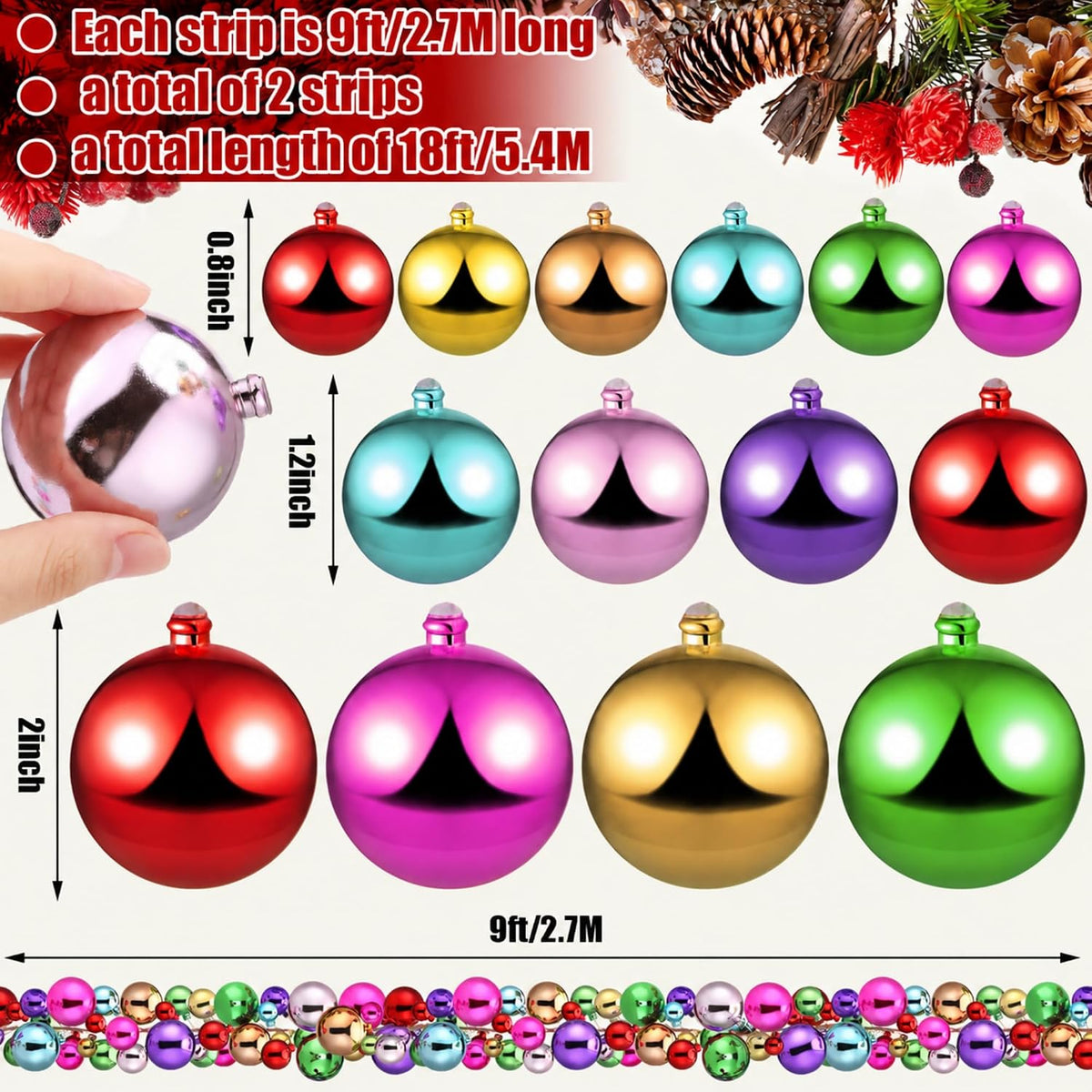 Yuxung 2 guirnaldas de bolas de Navidad de 9 pies, adornos de bolas...