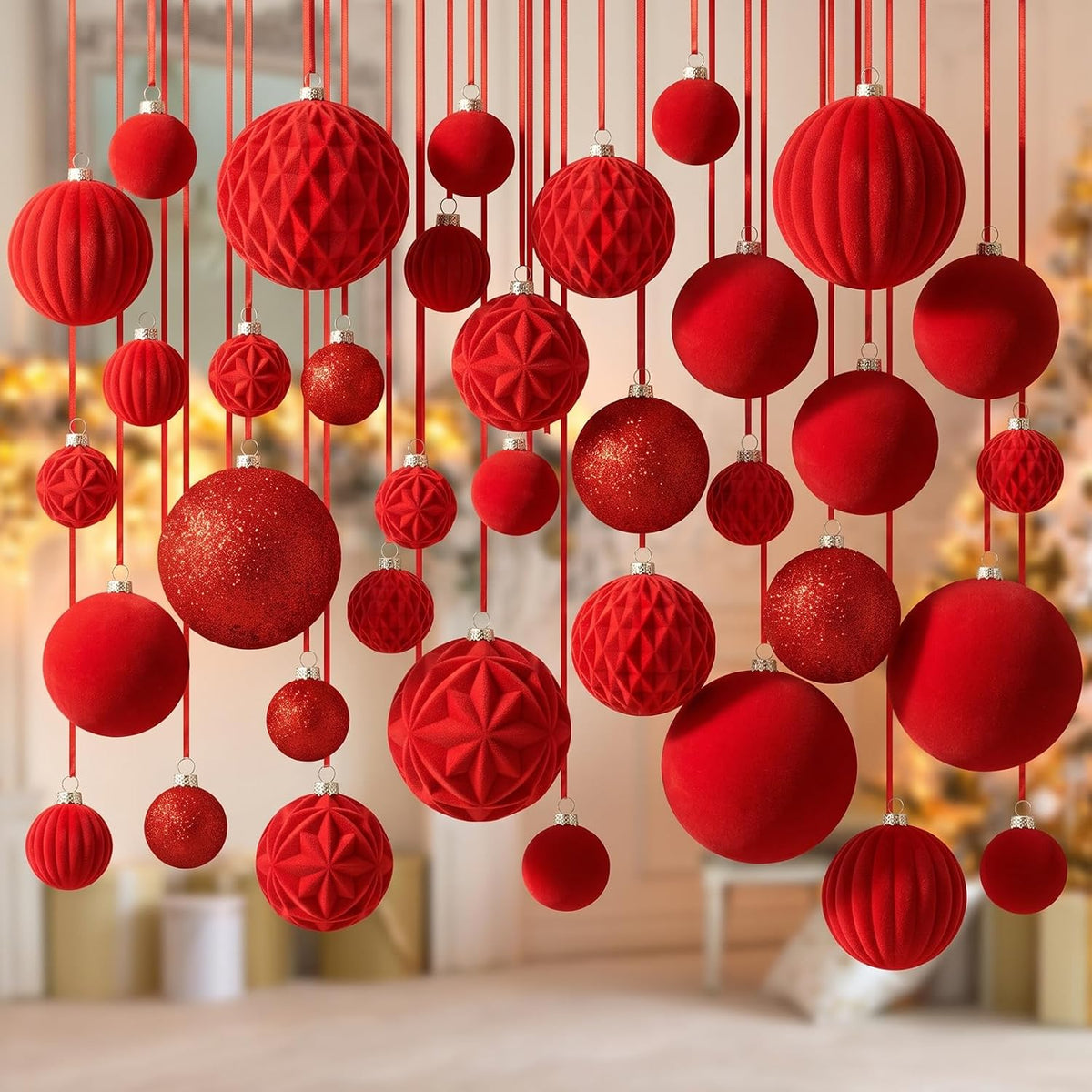 Relaxgiant 36 bolas de Navidad para techo, terciopelo rojo | Tamaño...