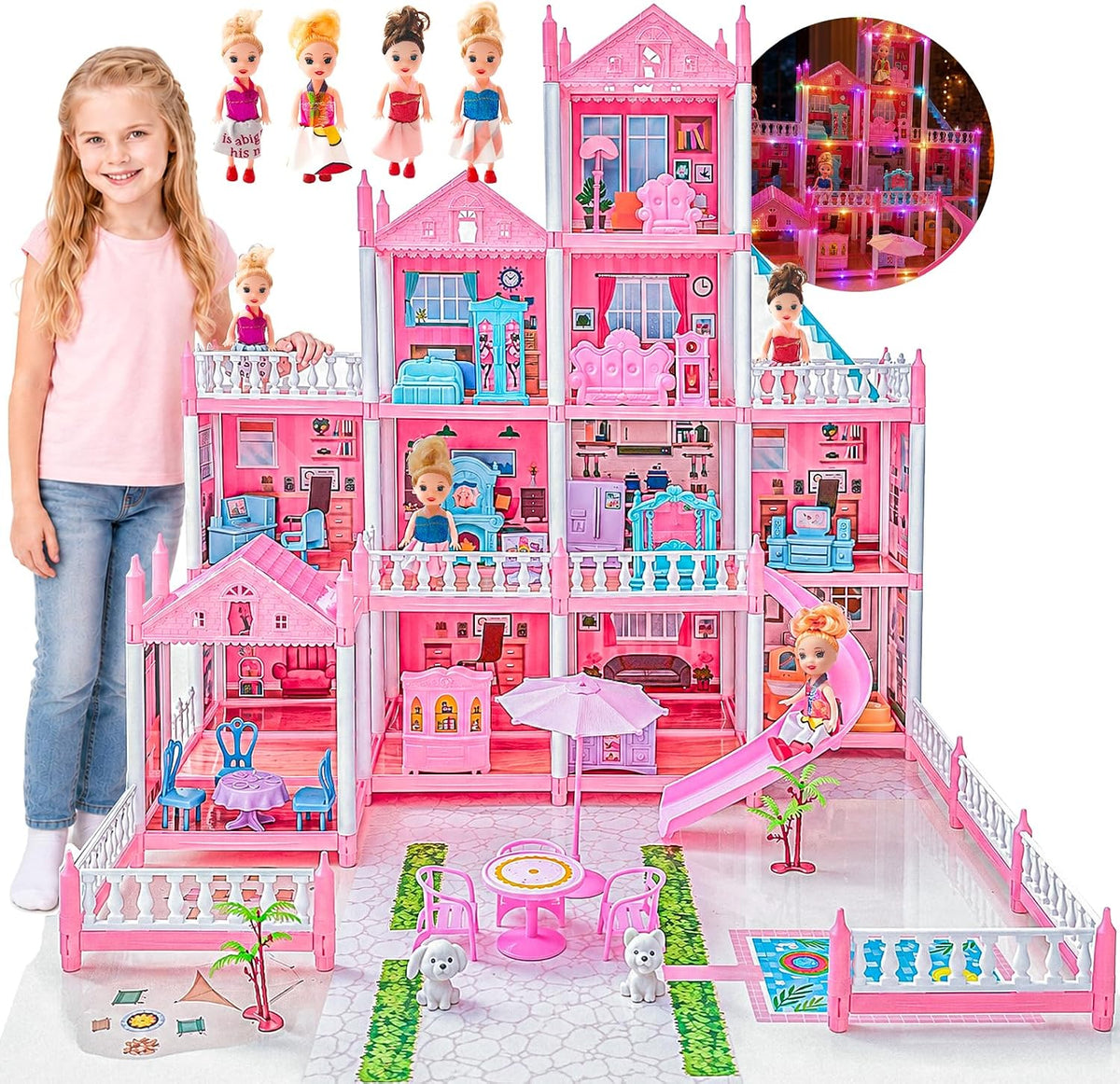 Casa de muñecas Dream para niñas, alfombrilla, luces, tobogán, muñe...