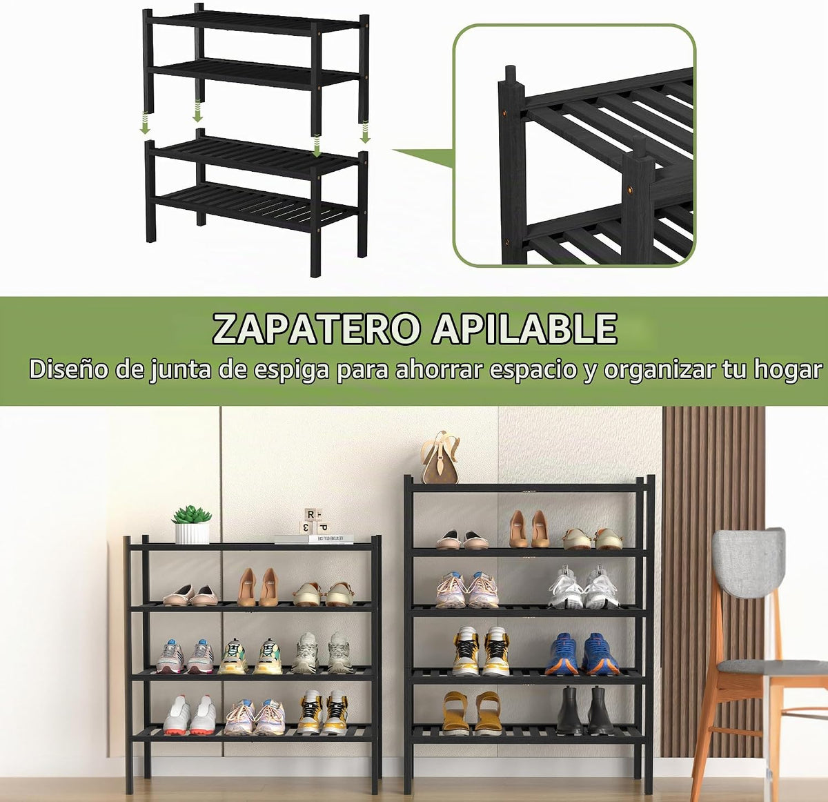 ROMGUAR CRAFT Zapatero de bambú de 4 niveles (grueso) para armario,...