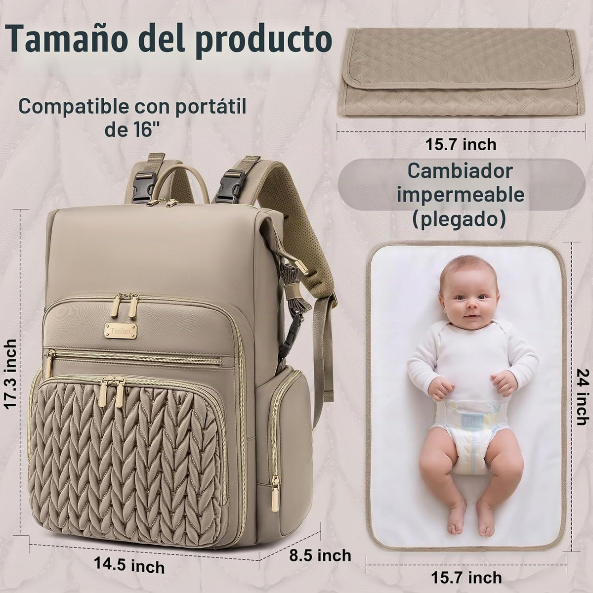 Tealari Mochila para pañales, elegante bolsa de pañales para bebé,...