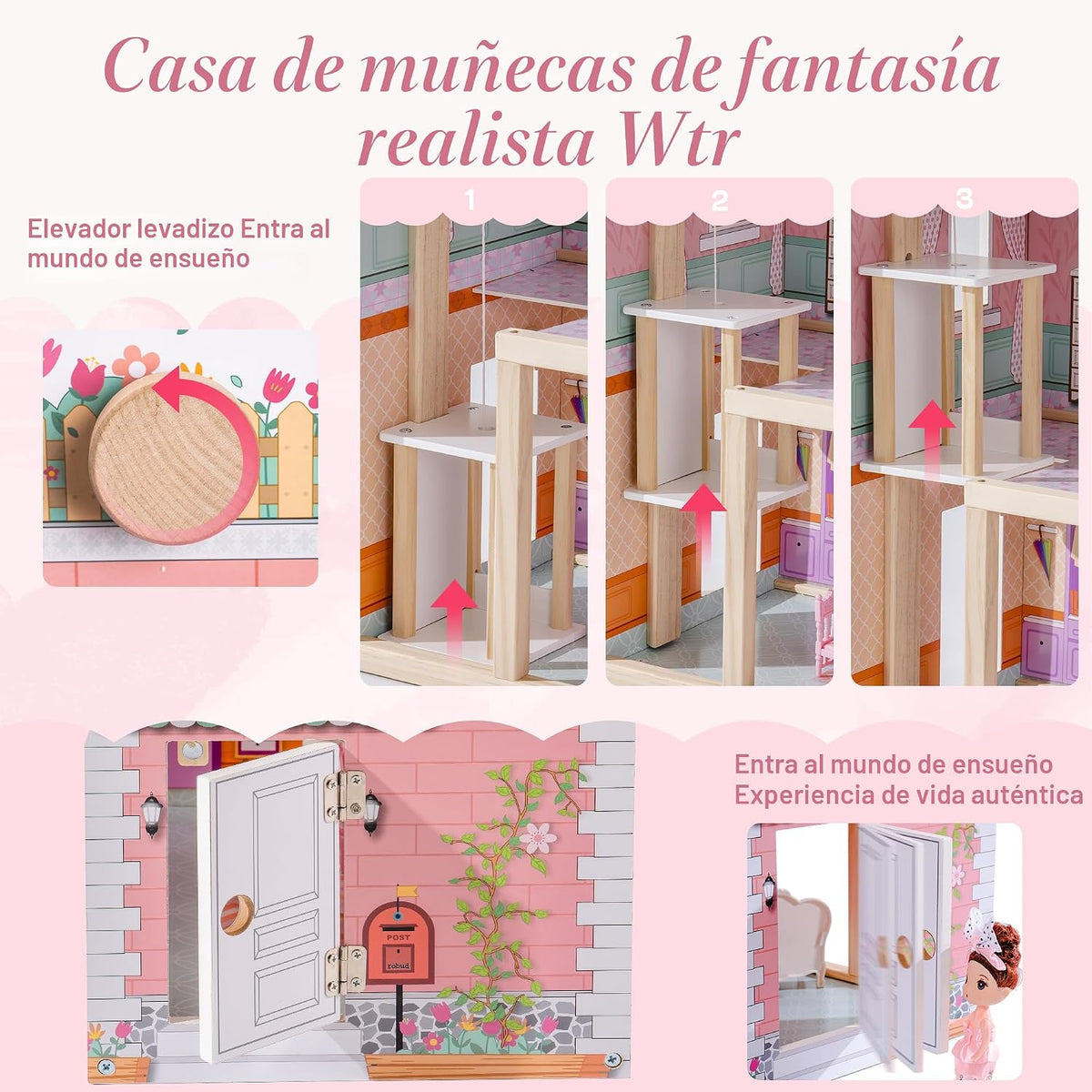 ROBOTIME Casa de muñecas de madera, juego de casas de muñecas con 2...
