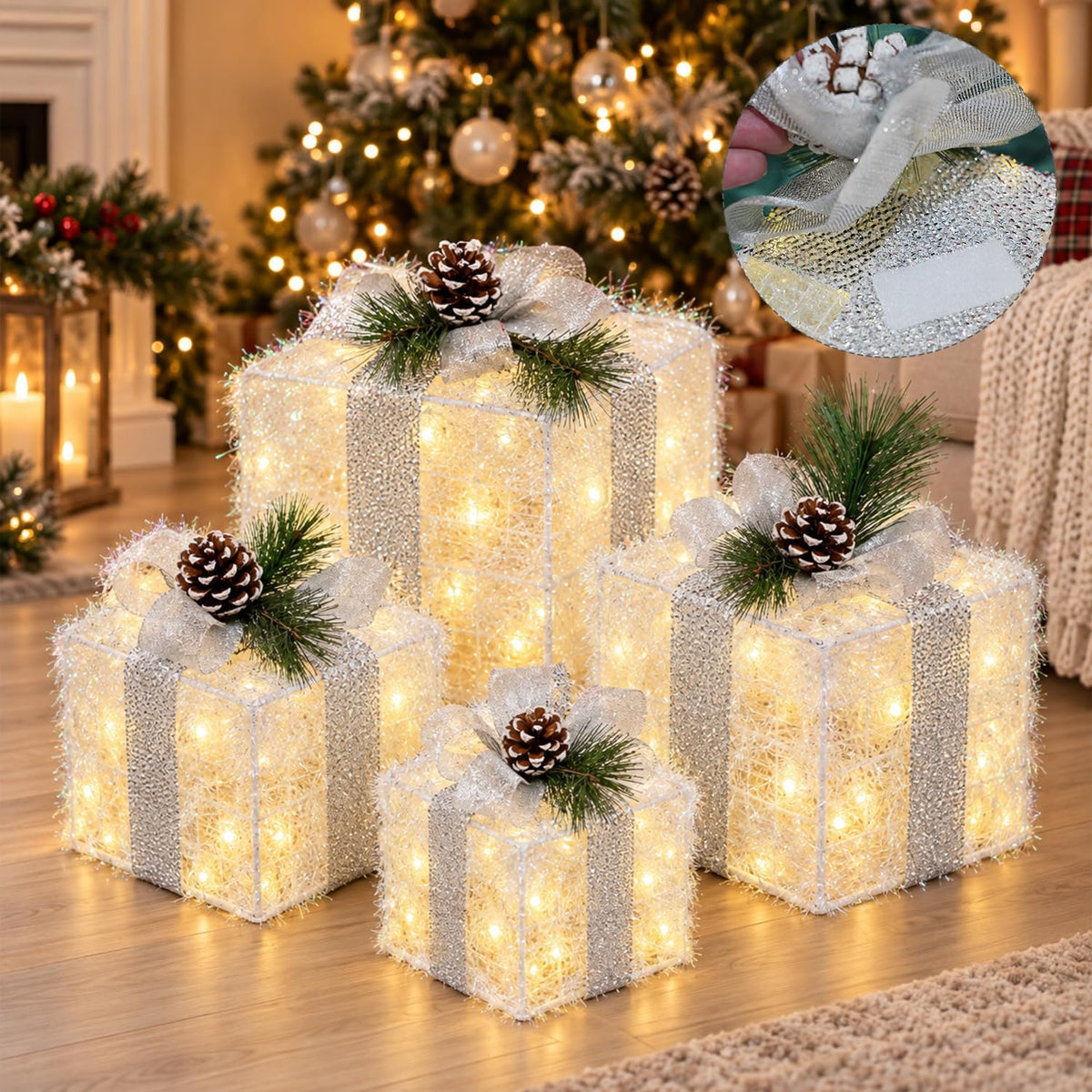 Hourleey Juego de 4 cajas de regalo iluminadas de Navidad, color bl...
