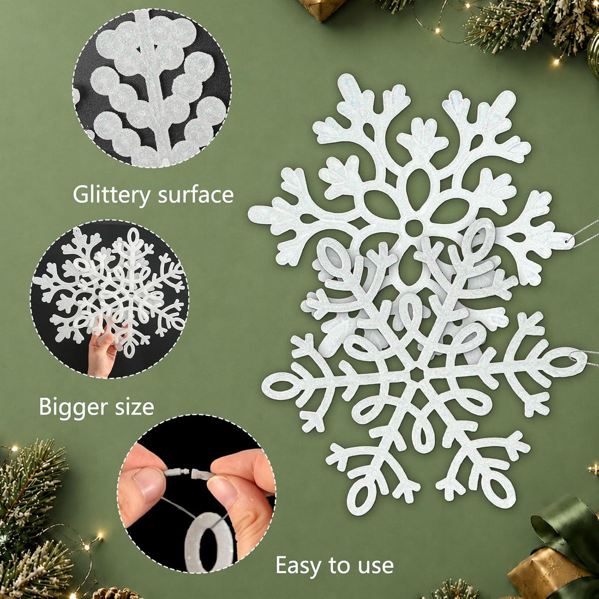 Adornos grandes de copos de nieve para decoración de árbol de Navid...