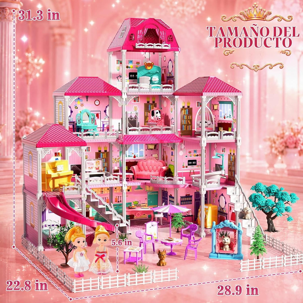 Casa de 4 pisos para niñas de 3 a 7 años, juego de villa con 2 muñe...