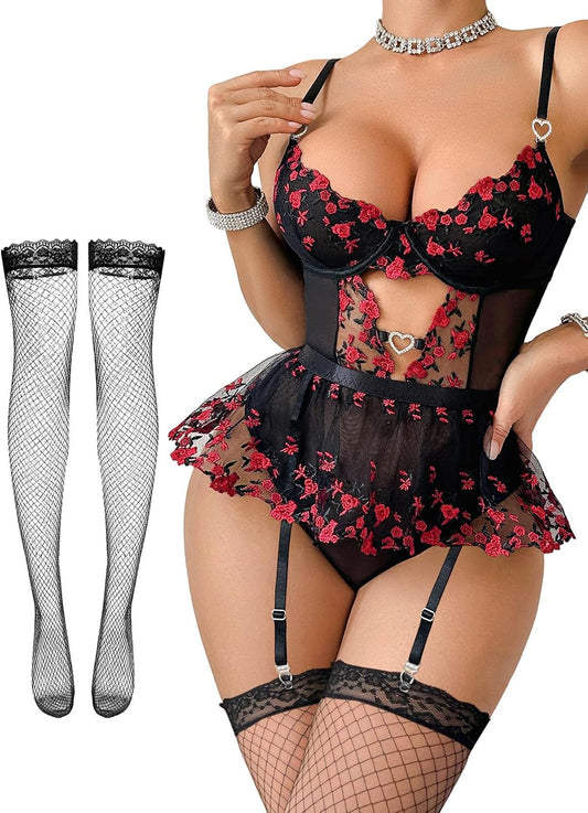 Lilosy Conjunto de lencería sexy de 3 piezas para mujer con corsé y...