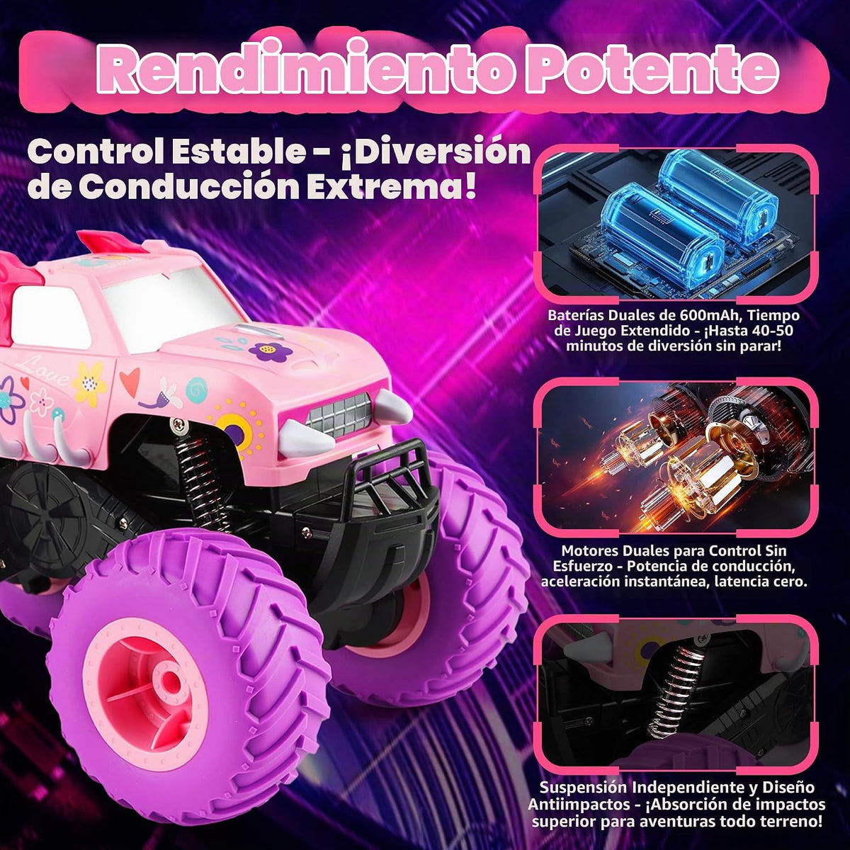Threeking 1:16 Camión Monstruo Anfibio Coche de Control Remoto Rosa...