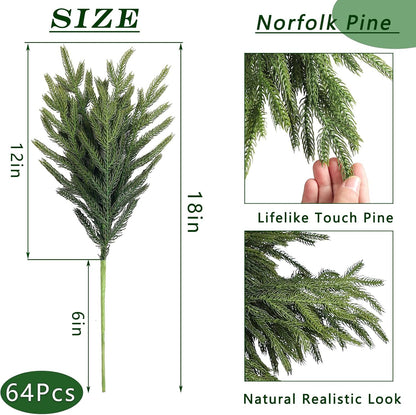 64 ramas de pino Norfolk artificiales de 18 pulgadas para jarrón de...