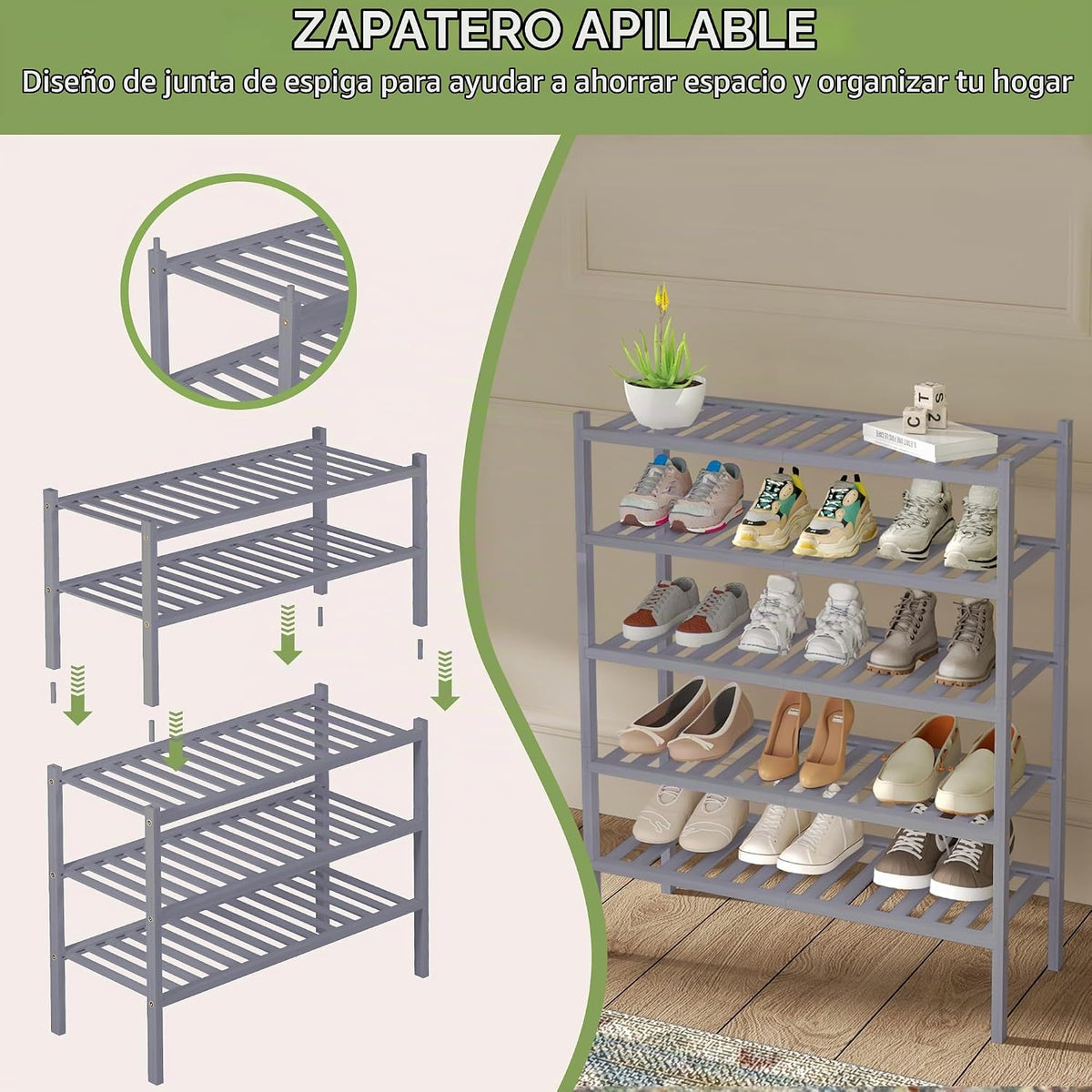 ROMGUAR CRAFT - Zapatera de bambú de 2 niveles para armario, estant...