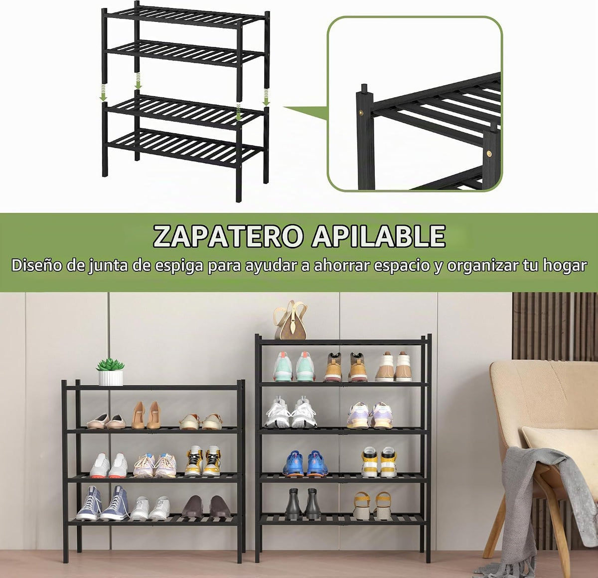 ROMGUAR CRAFT Zapatero de bambú de 4 niveles para closet independie...