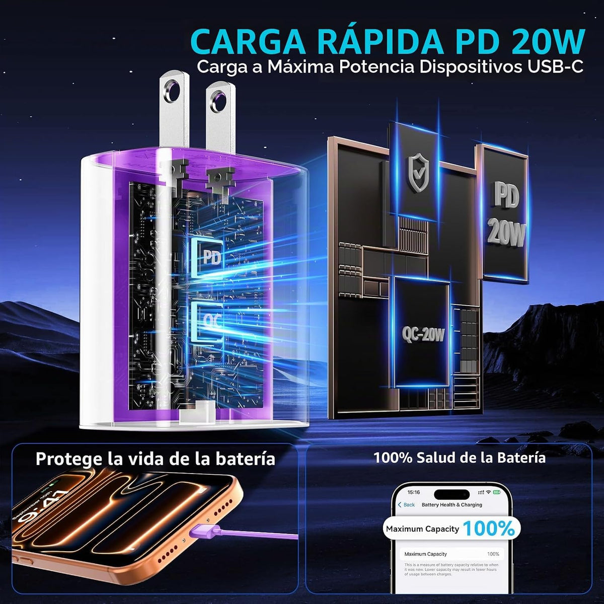 Teléfono 18 17 16 Pro Max Cargador Carga Rápida, 20W Teléfono Duo U...