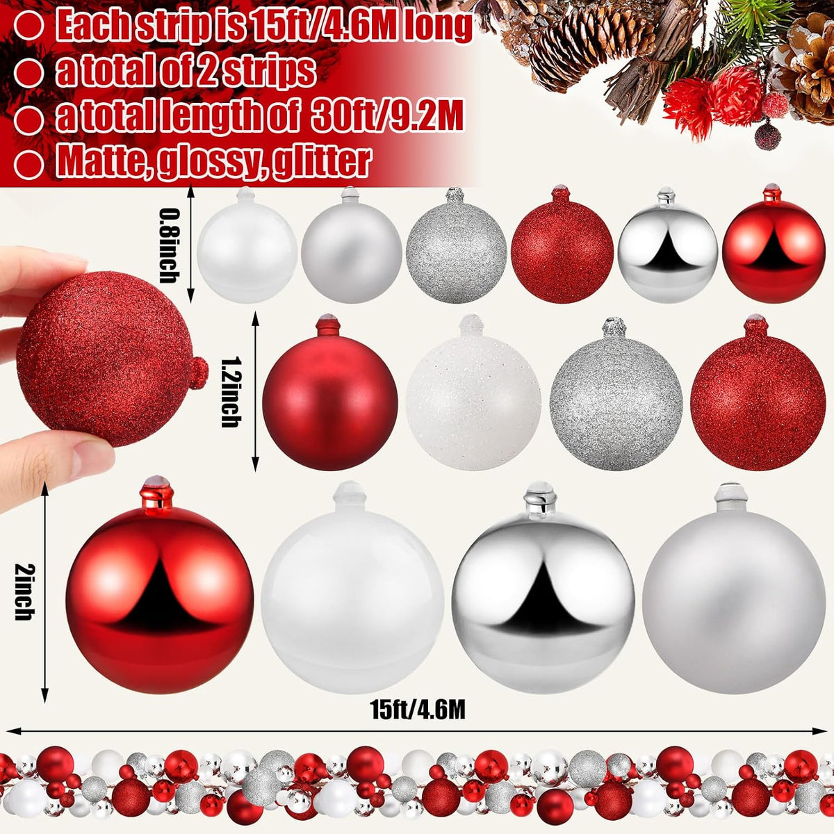 Yuxung 2 guirnaldas de adornos de bola de Navidad de 15 pies, rojo,...
