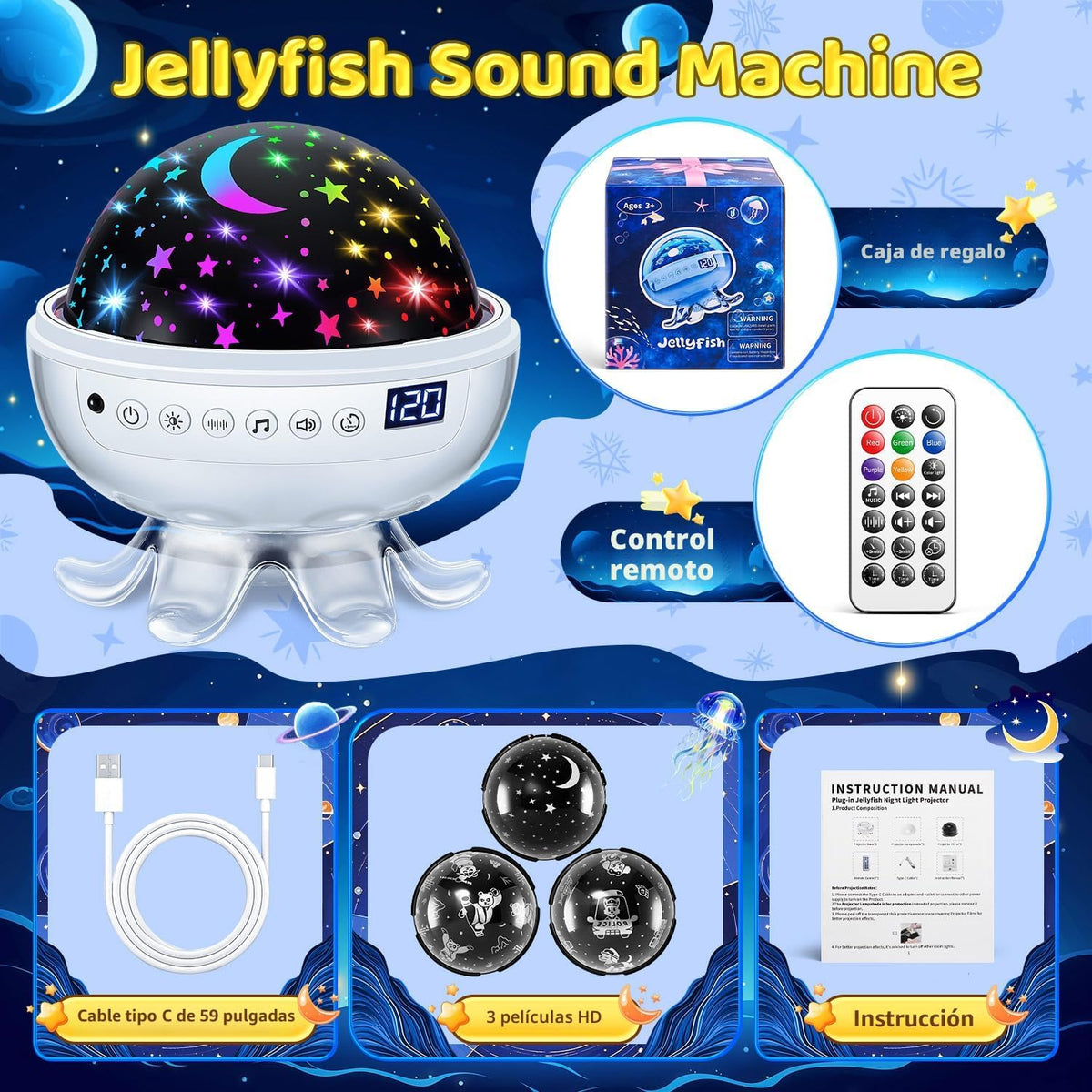 Máquina de sonido para bebés para niños, proyector de luz nocturna...