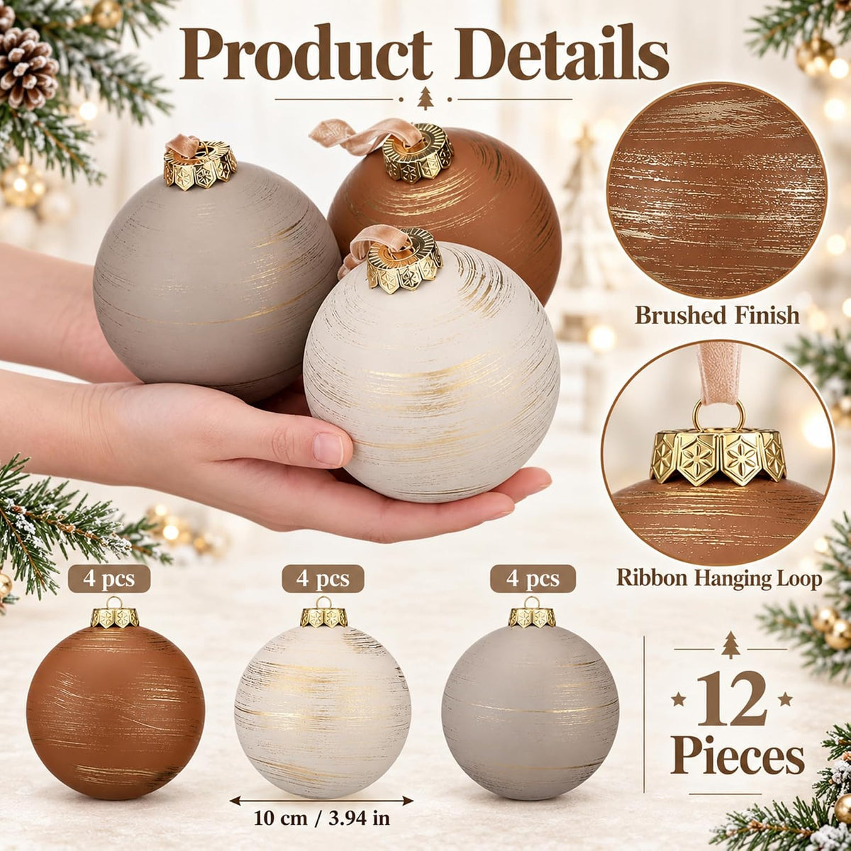 Yunlly - 12 adornos de Navidad neutros 2026, color beige marfil car...