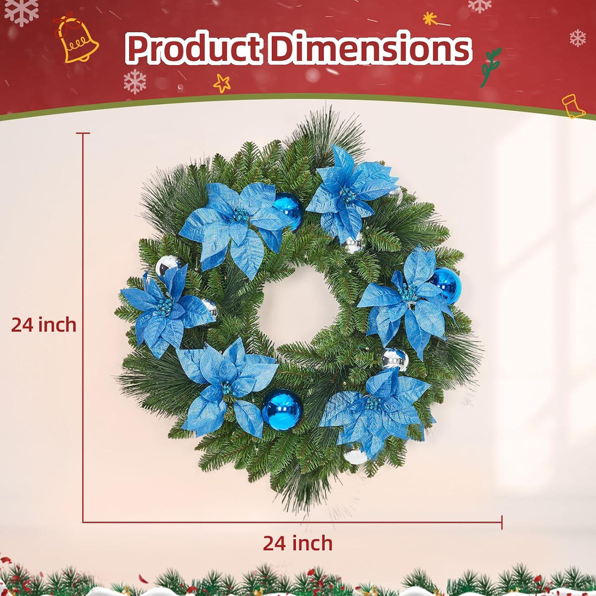 Garvee Corona de Navidad de 24 pulgadas con Flores, Hojas de Ciprés...
