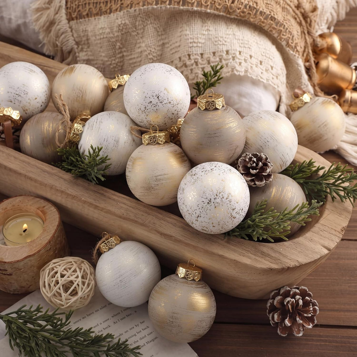 Yunlly 12 adornos de Navidad neutros, marfil gris pardo beige, 4 pu...