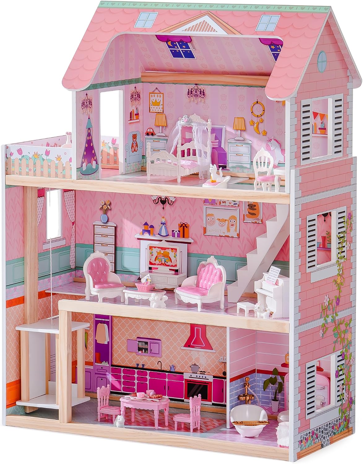 ROBOTIME Casa de muñecas de madera, juego de casas de muñecas con 2...