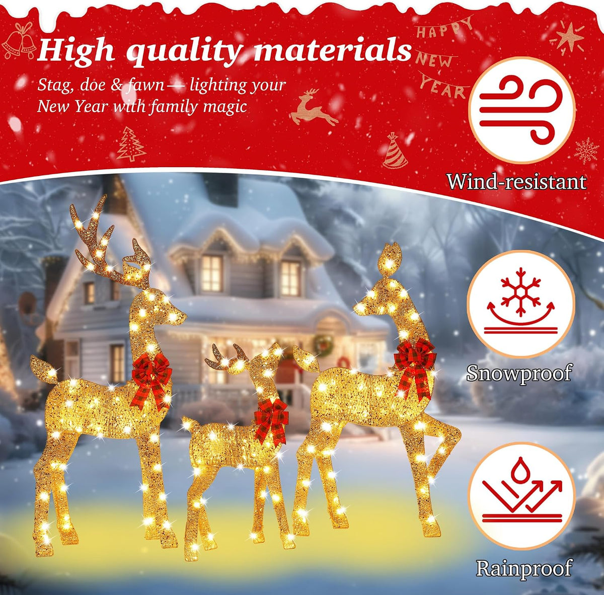 Decoración de ciervo de Navidad con iluminación dorada 2.5D de 48 p...