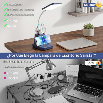 Sailstar Lámpara de escritorio LED con carga inalámbrica de 10 W y...