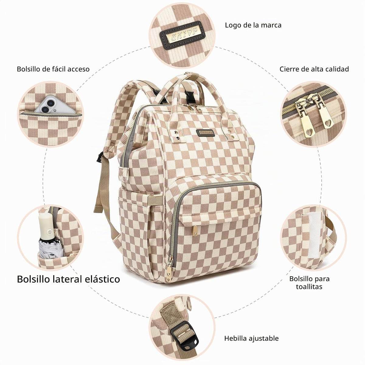 GAIVP mochila de pañales para bebe, café a cuadros, Mochila para pa...
