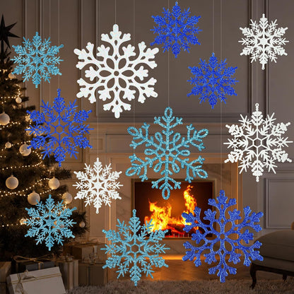 12 adornos de Navidad de copos de nieve azules, copos de nieve colg...