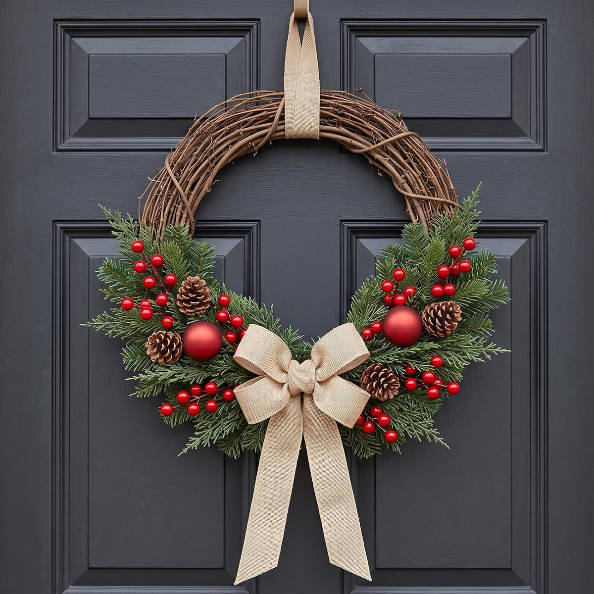 lovemoon 70 tallos de pino artificiales de Navidad con bayas rojas,...