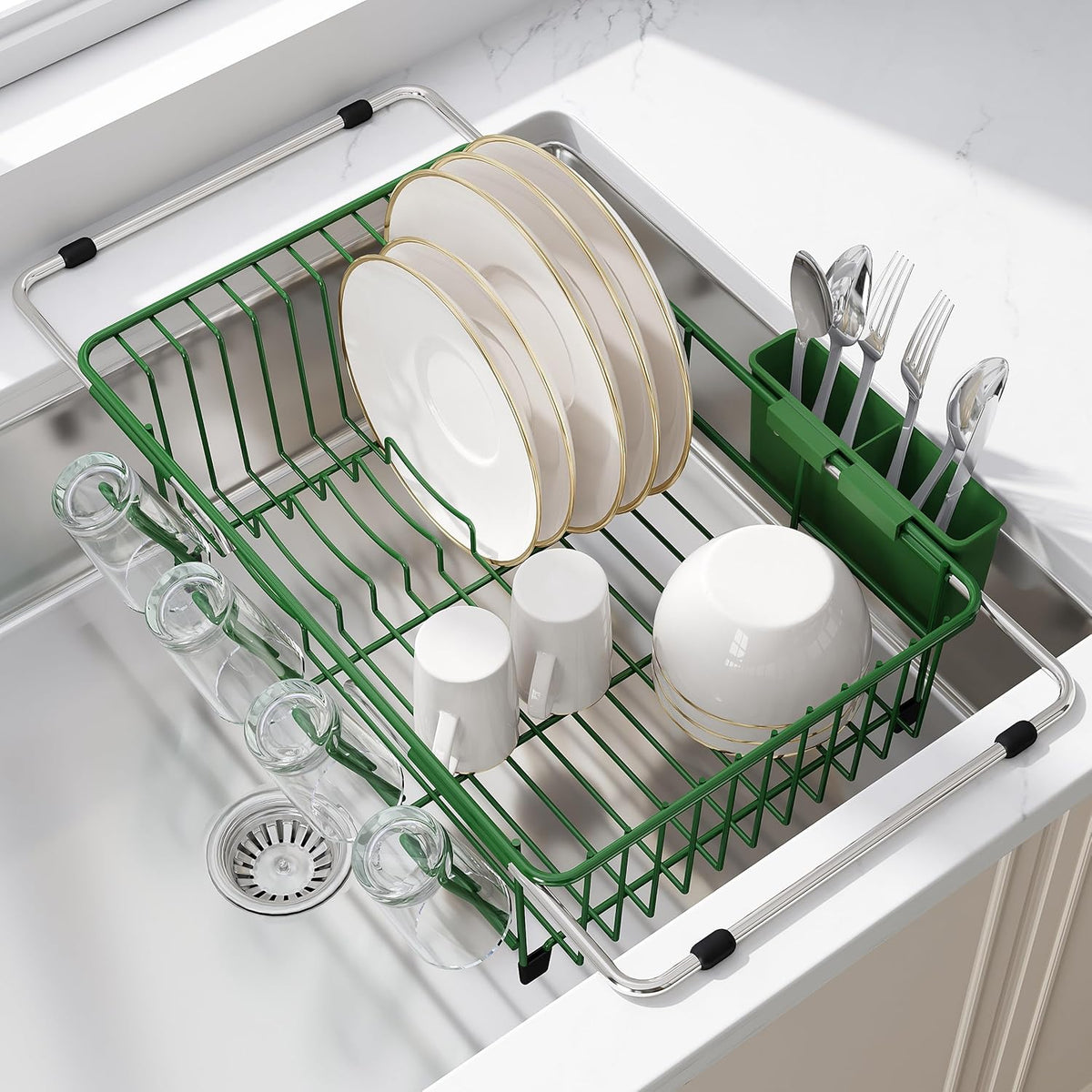 JASIWAY Escurridor de platos verde en fregadero, escurridor de plat...