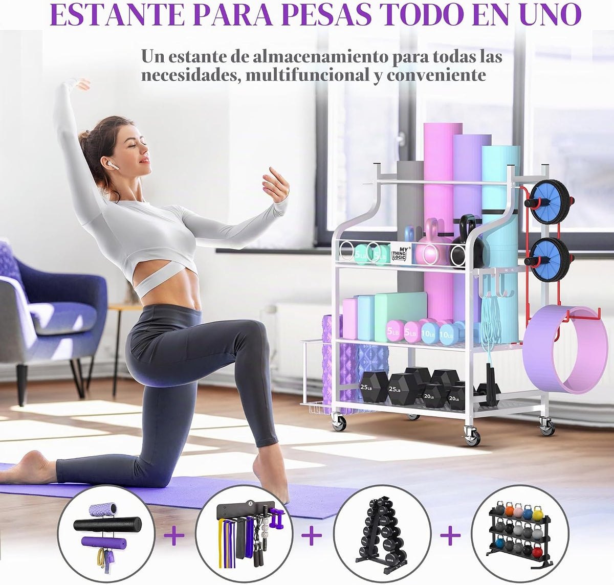 Mythinglogic Estante de gimnasio en casa para mancuernas, esterilla...