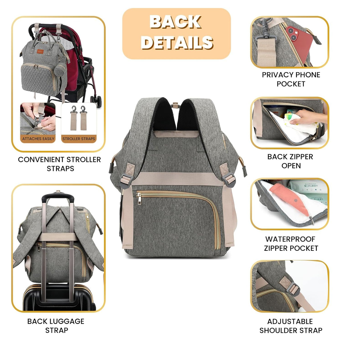 ROSEGIN Mochila para pañales para bebé con cambiador, funda para ch...