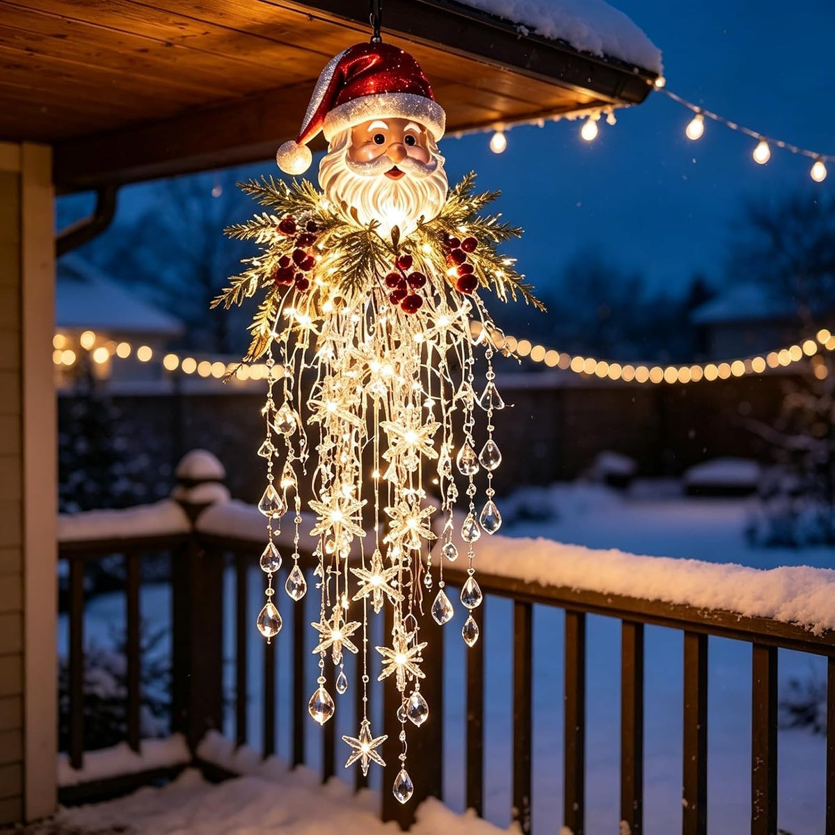 Luz de Navidad en cascada de cristal, copo de nieve colgante y deco...