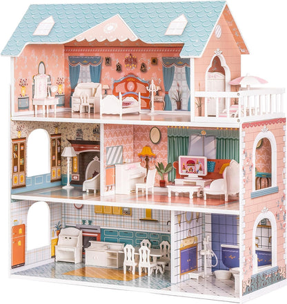 ROBUD Casa de muñecas de madera con muebles azul para niñas 3-6 | D...
