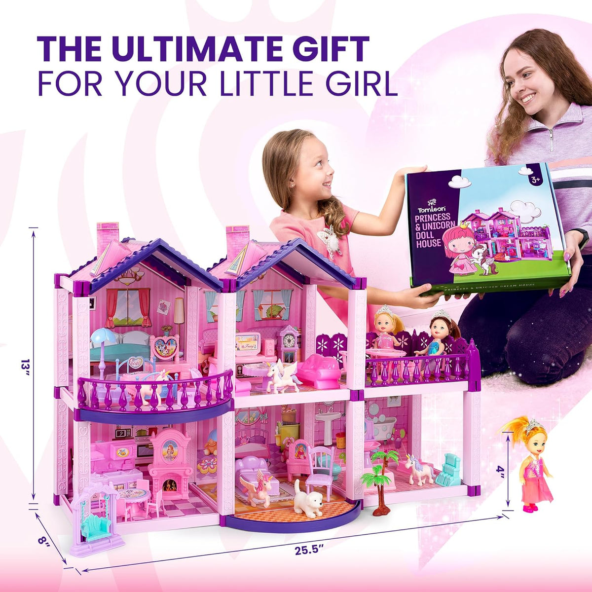 Casa de muñecas con 2 princesas, 4 unicornios, perro, muebles y acc...