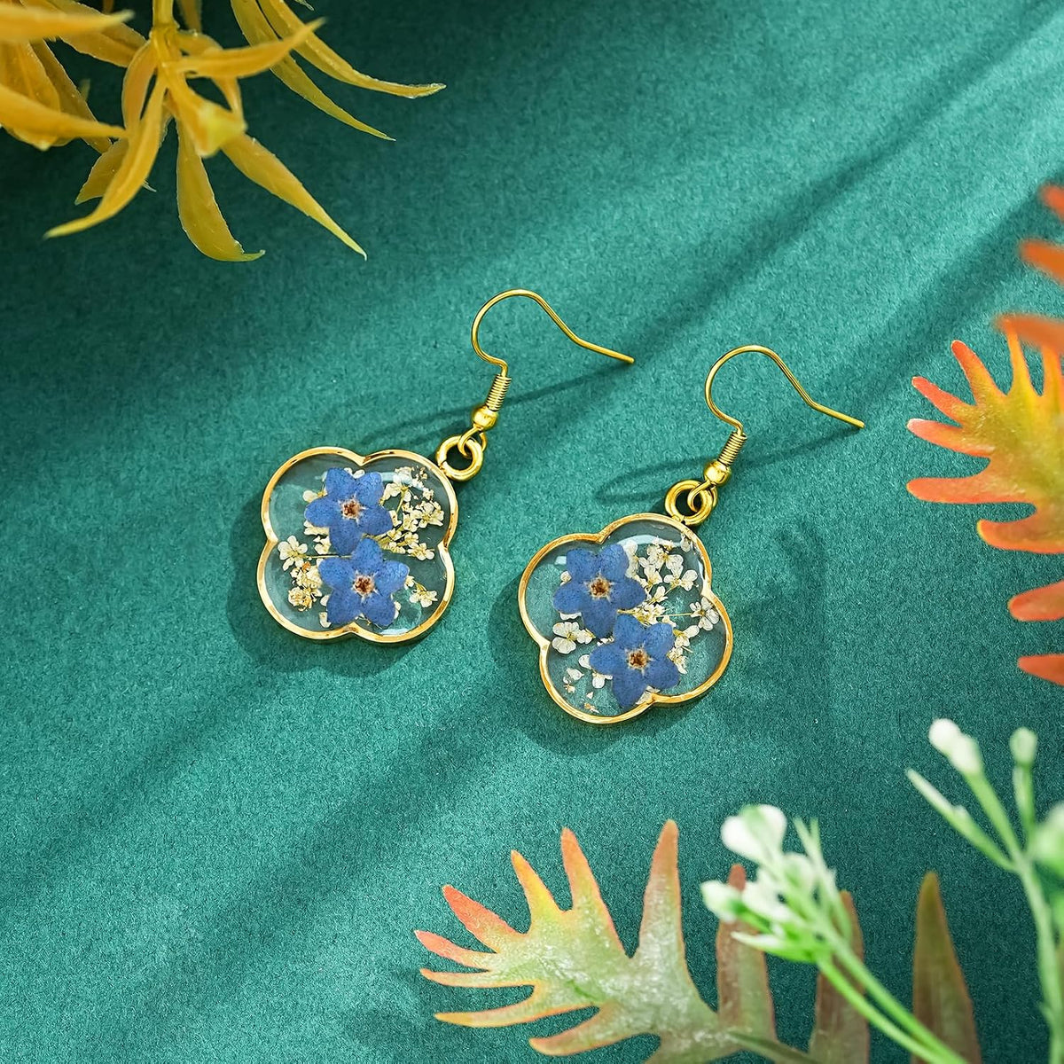 Hefestus Aretes de Flores Prensadas Reales para Mujeres, Diseño Col...