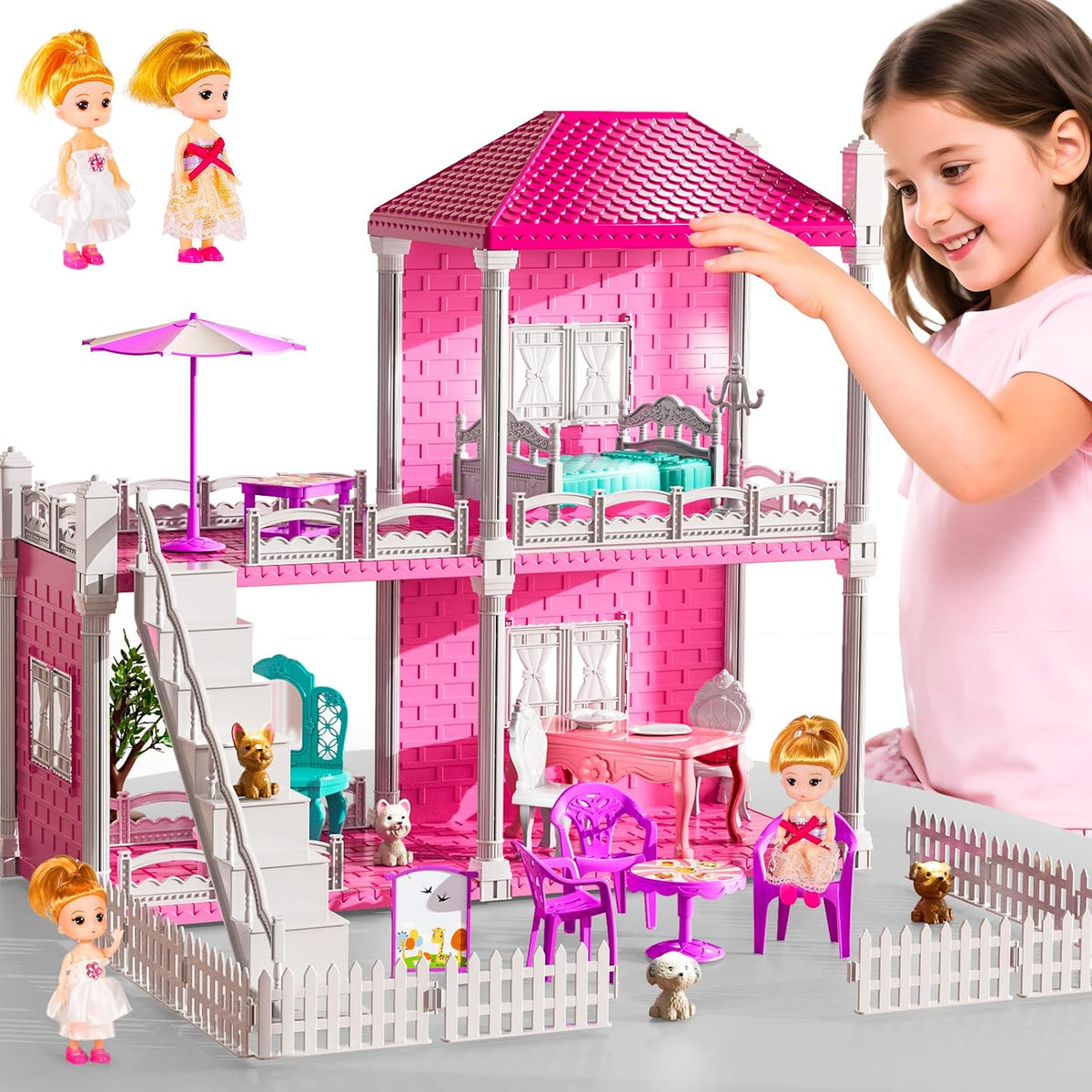 JUKUDAHU Juego de villa para niñas de 3 a 7 años, con 2 plantas, 3...