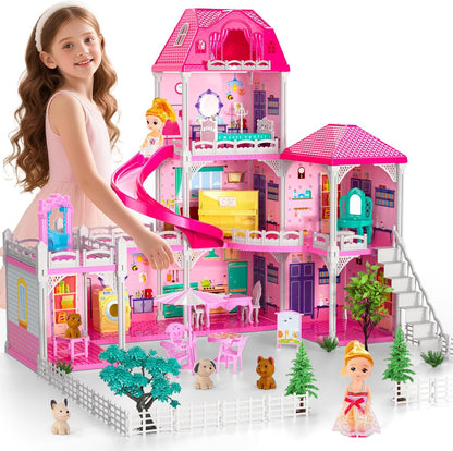 Doloowee Casa de muñecas DIY de 3 pisos con 7 habitaciones, mascota...