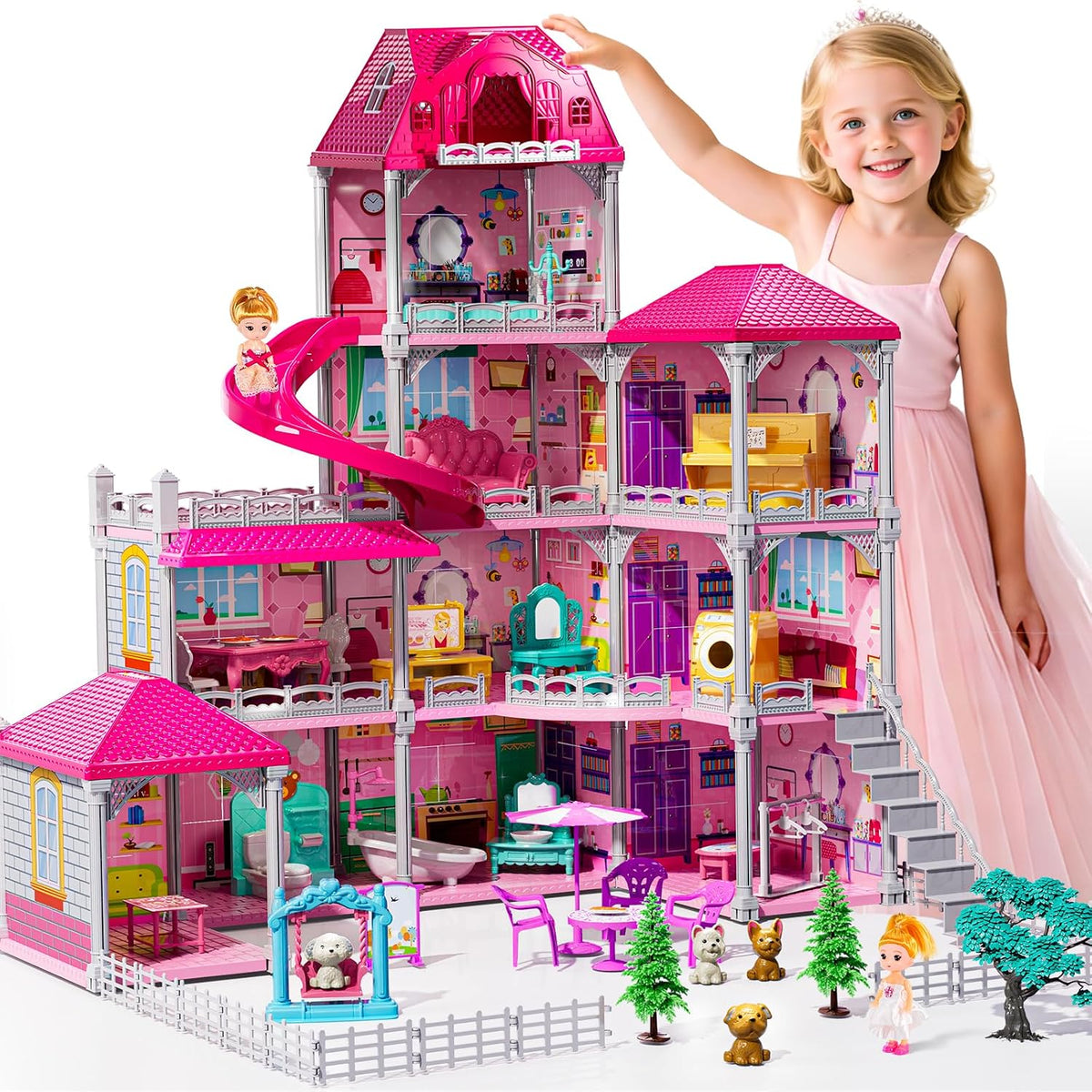JUKUDAHU Juego de villa para niñas de 3 a 7 años, casa de 4 pisos c...
