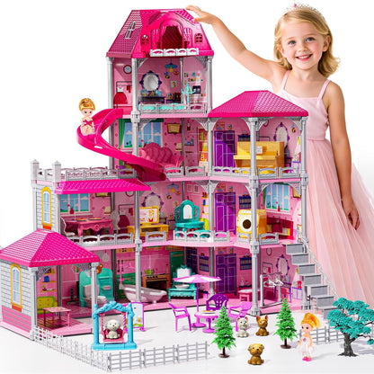 JUKUDAHU Juego de villa para niñas de 3 a 7 años, casa de 4 pisos c...