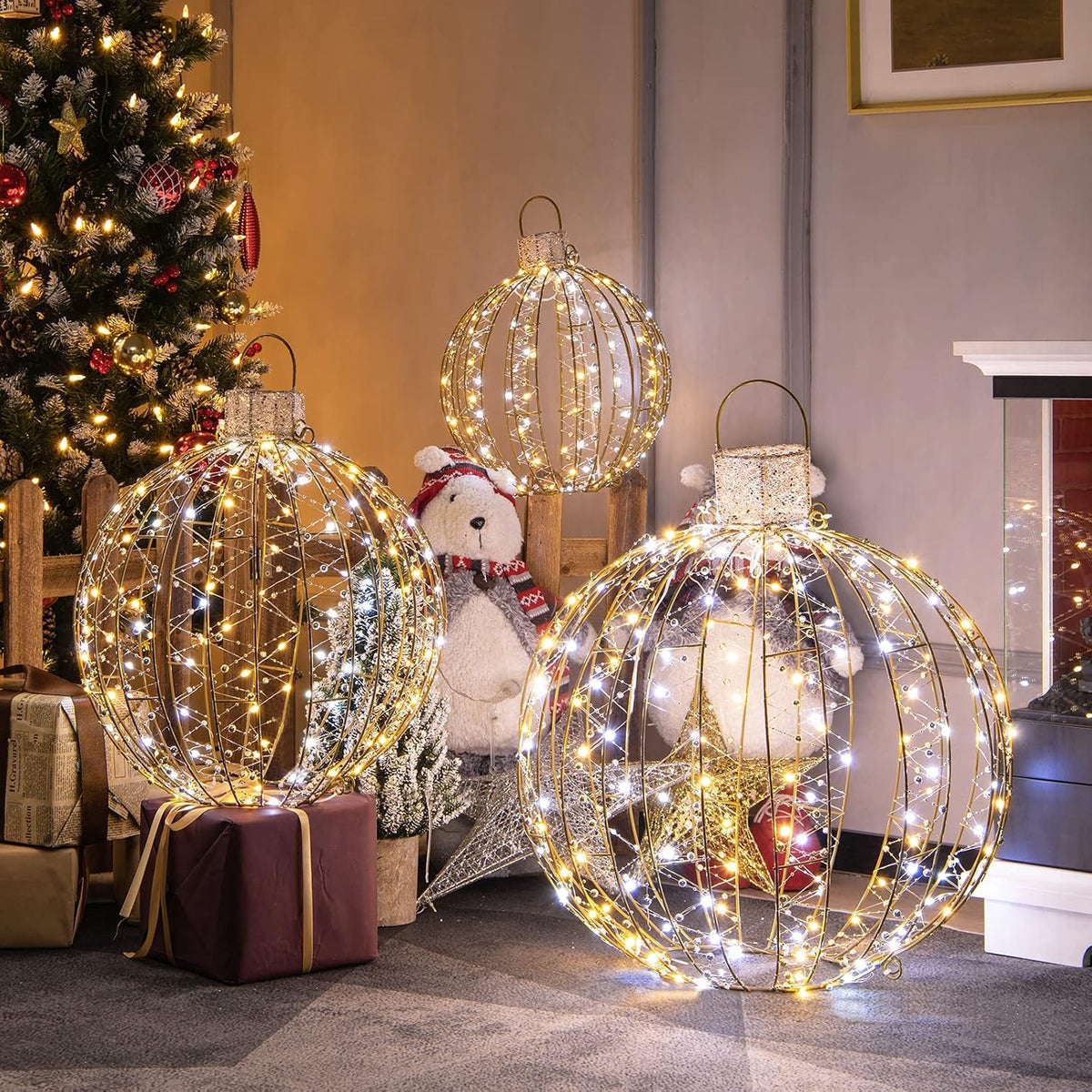 Tangkula - Paquete de 3 bolas de Navidad con luz LED, adornos de me...