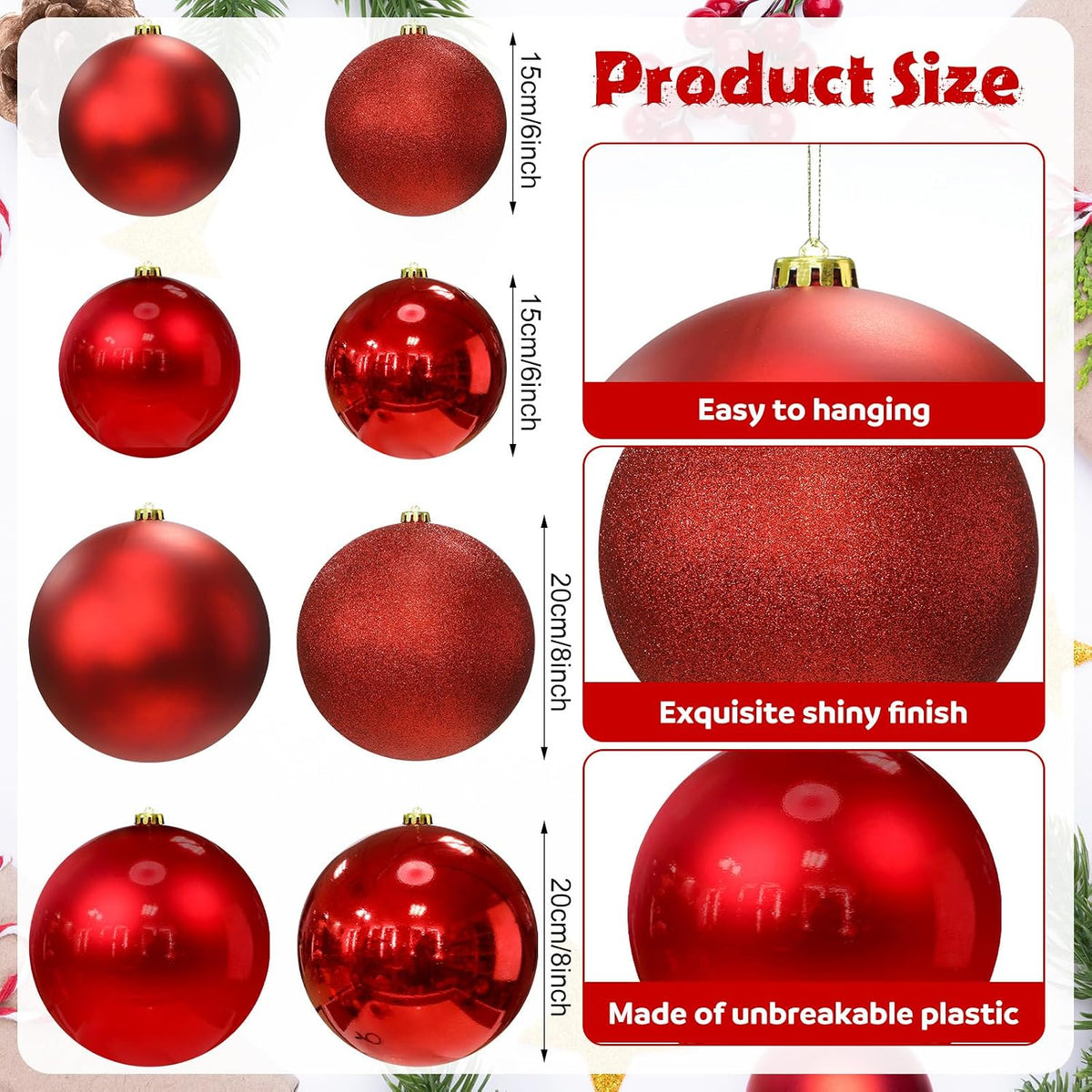 Silipull - Paquete de 8 bolas de adornos de Navidad grandes de 8 pu...