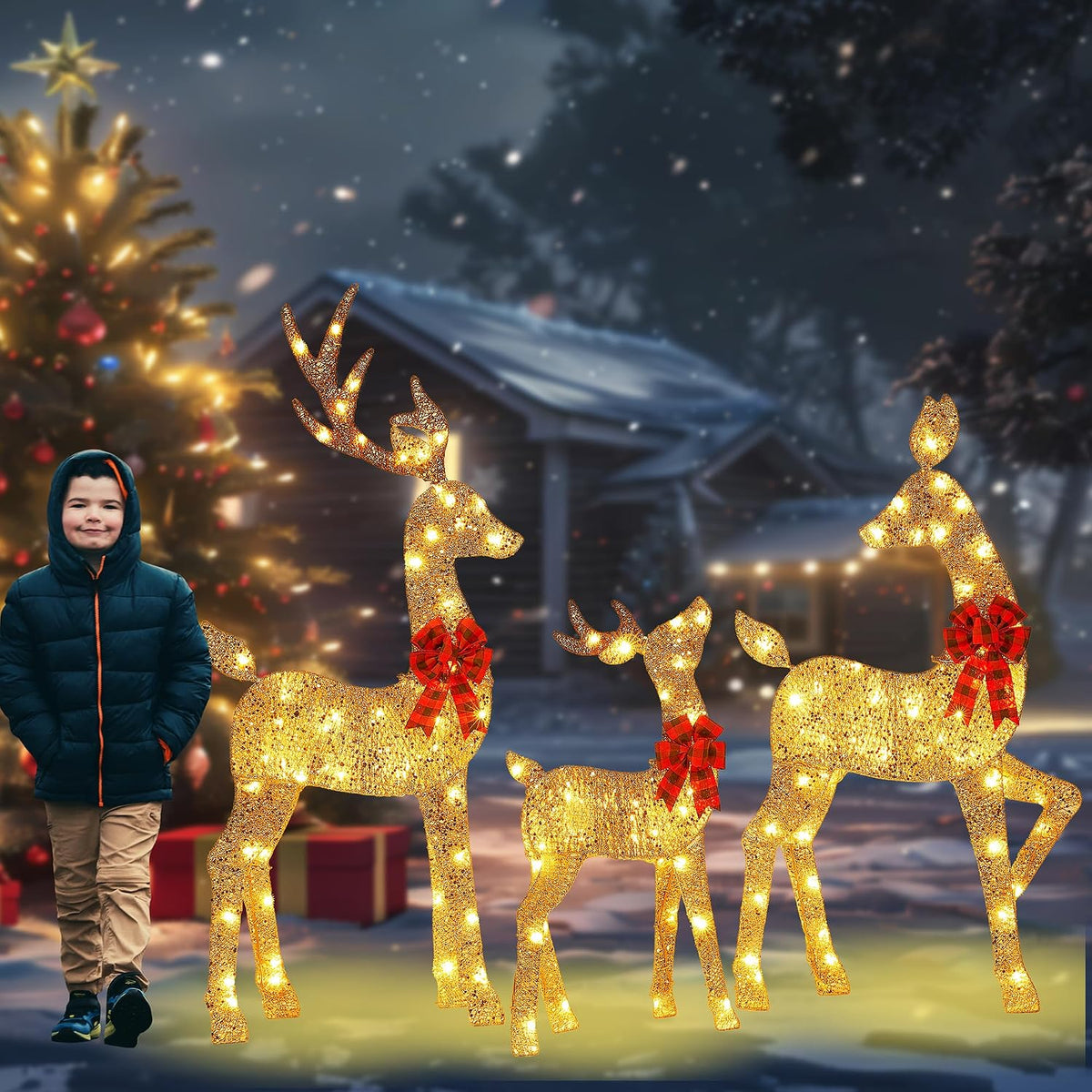 Decoración de ciervo de Navidad con iluminación dorada 2.5D de 48 p...