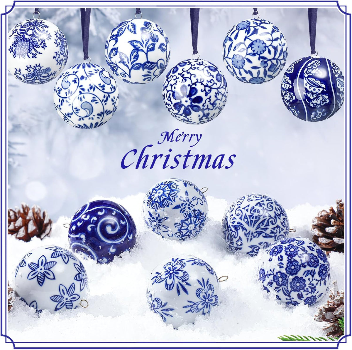 Cindeer - 12 bolas de porcelana de Navidad azules y blancas, estilo...