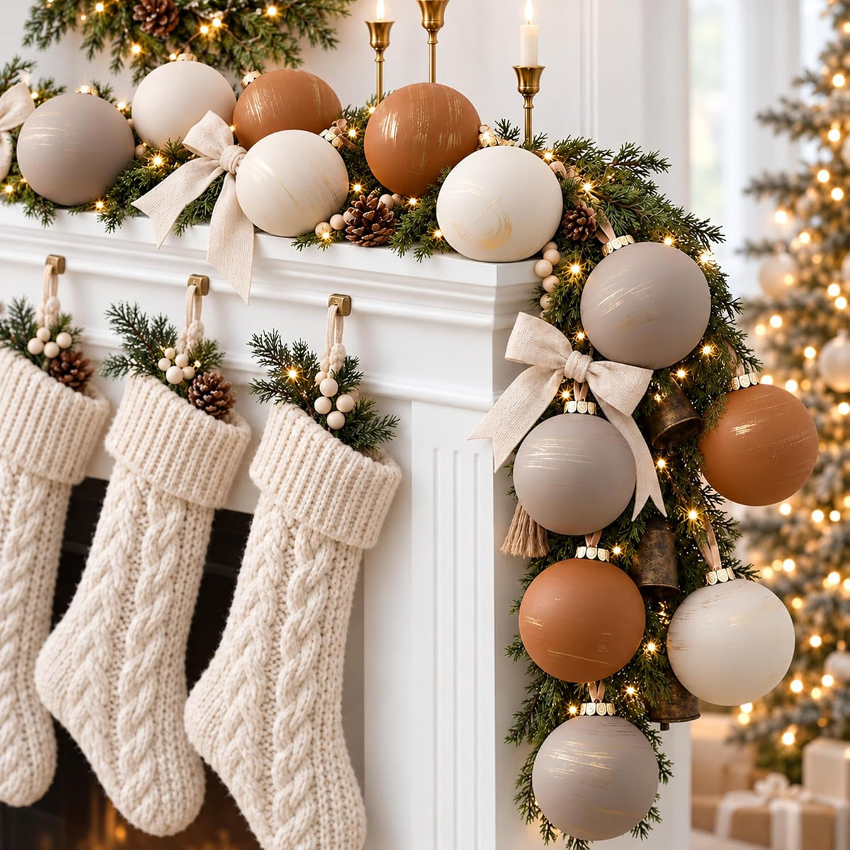 Yunlly - 12 adornos de Navidad neutros 2026, color beige marfil car...