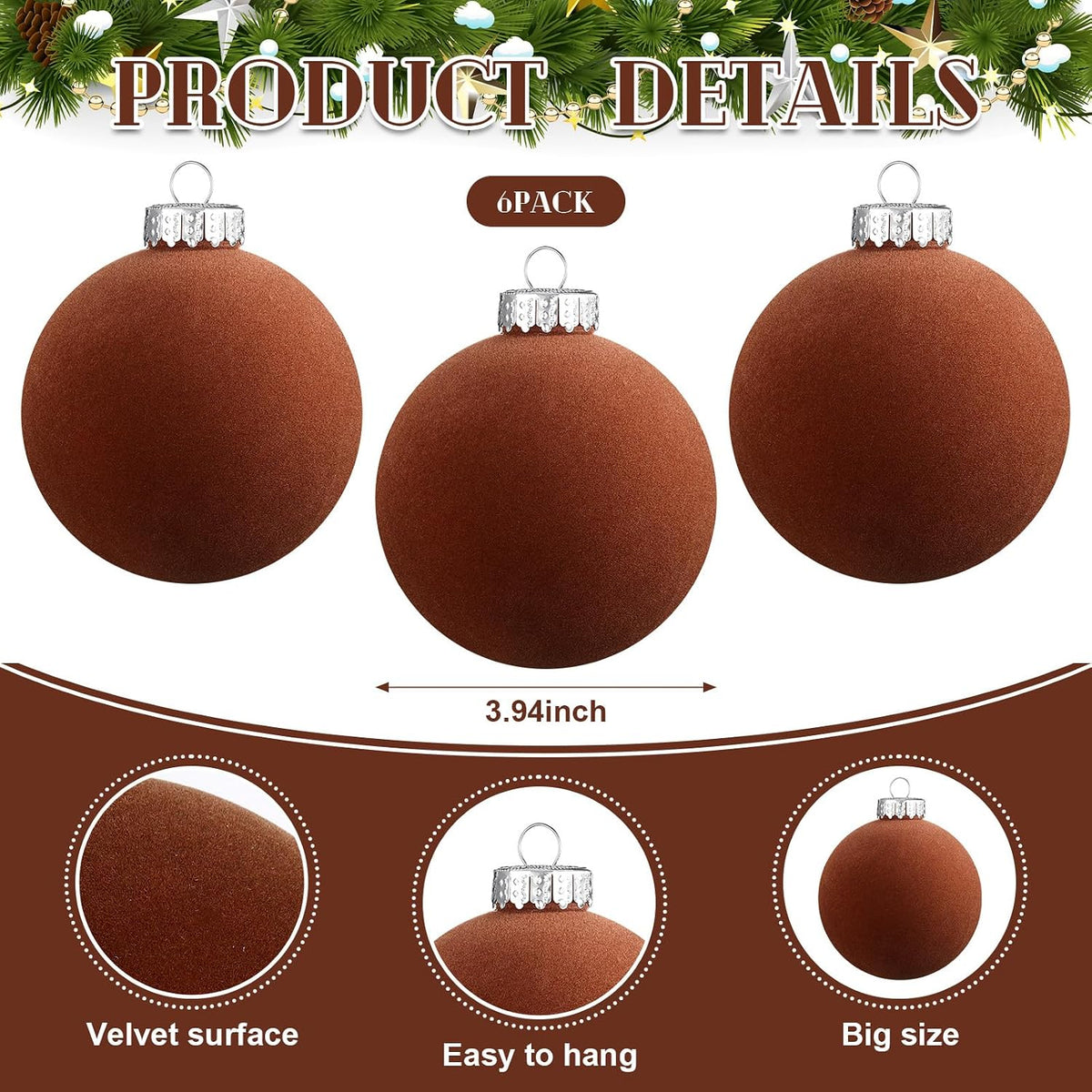 6 adornos grandes de terciopelo de Navidad de 4 pulgadas | Bolas co...