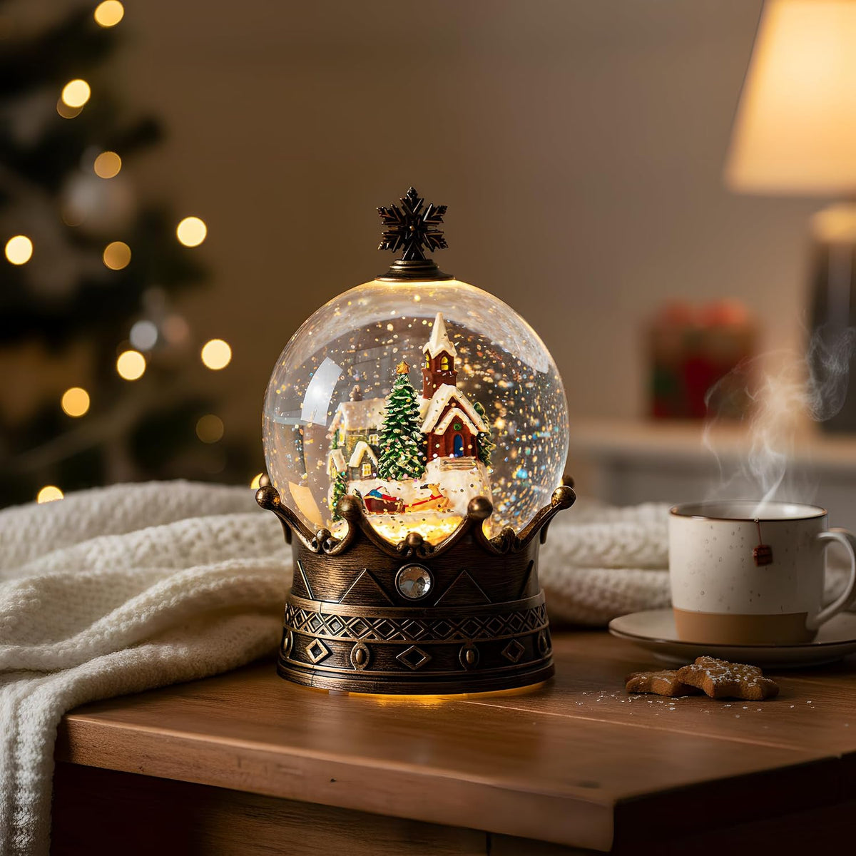 Globo de nieve de pueblo navideño, linterna musical iluminada para...