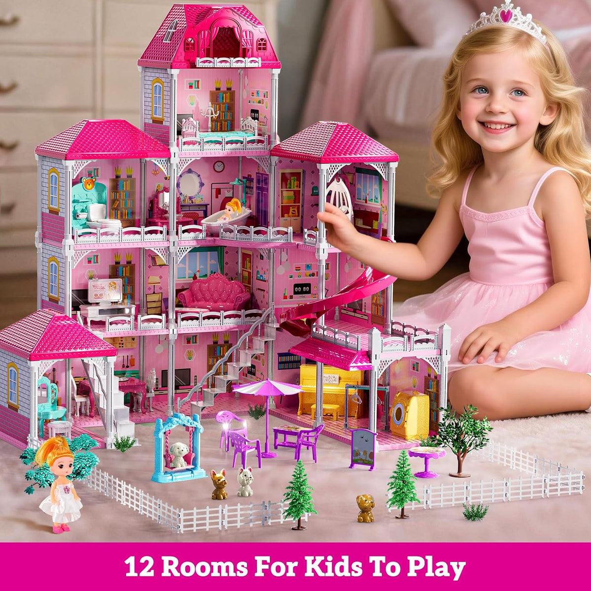 JUKUDAHU Juego de villa para niñas de 3 a 7 años, 4 pisos y 12 habi...